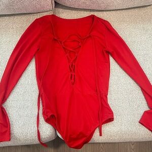 Red Lace-Up Long Sleeve Bodysuit